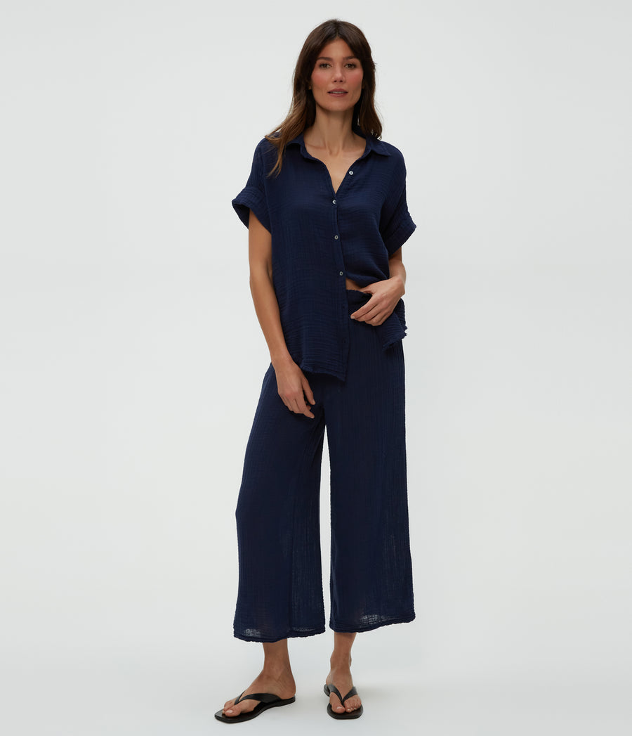 Medina Cropped Gauze Pant in Nocturnal Blue Full Body View #NOCTURNAL