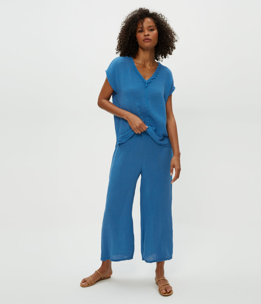Medina Cropped Gauze Pant in Ocean Blue Close Up View #OCEAN