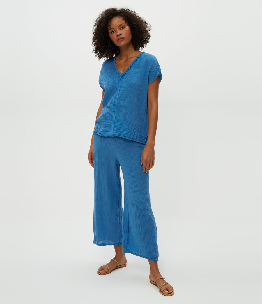 Medina Cropped Gauze Pant in Ocean Blue Full Body View #OCEAN