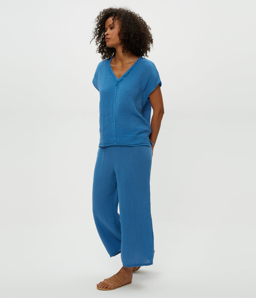 Medina Cropped Gauze Pant in Ocean Blue Side View #OCEAN
