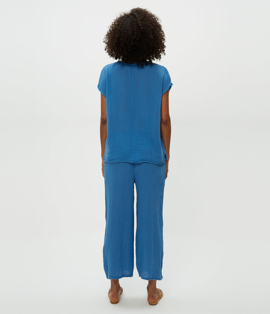 Medina Cropped Gauze Pant in Ocean Blue Back View #OCEAN