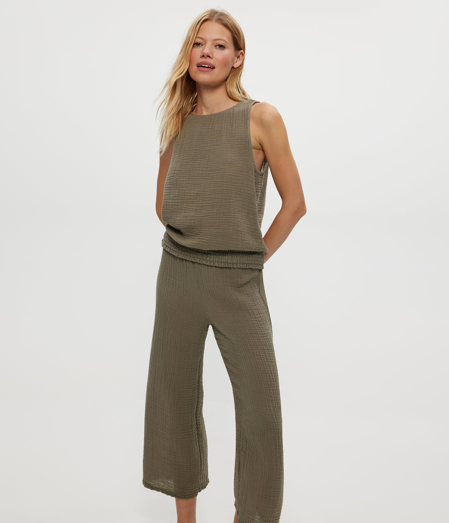 Medina Cropped Gauze Pant in Olive Green Close up View #OLIVE