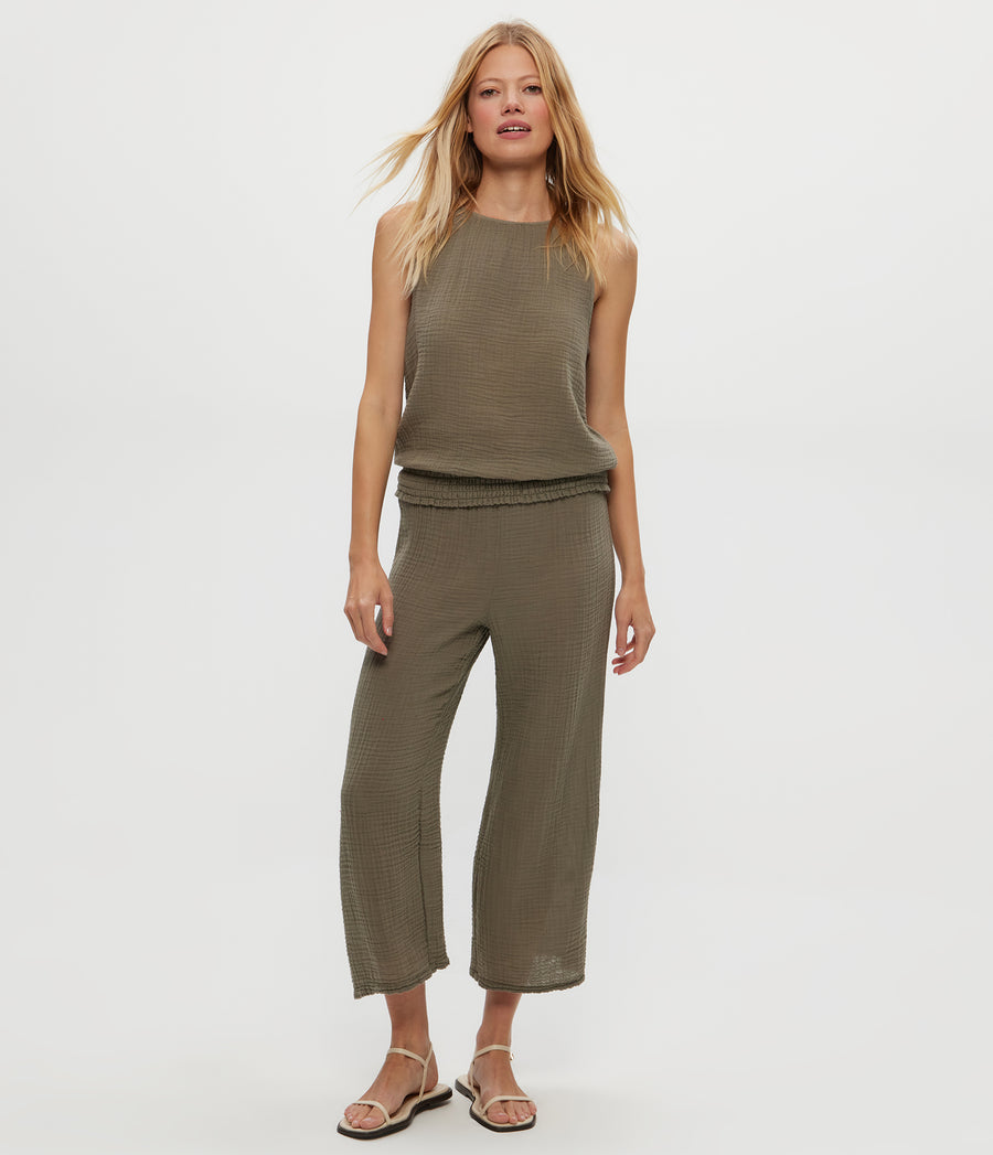 Medina Cropped Gauze Pant in Olive Green Full Body View #OLIVE