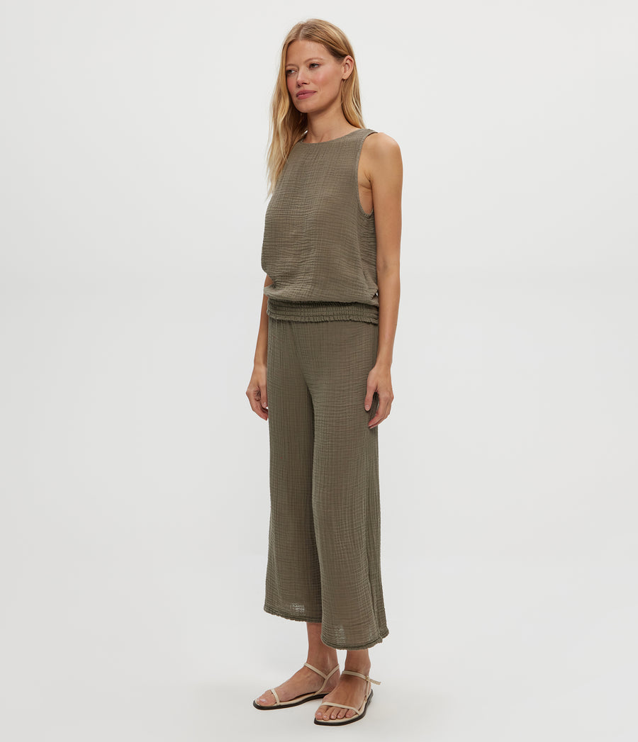 Medina Cropped Gauze Pant in Olive Green Side View #OLIVE