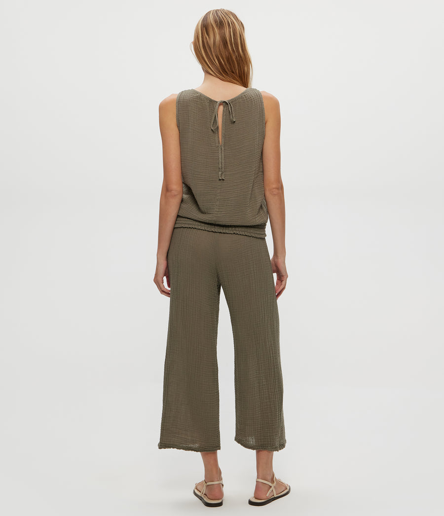 Medina Cropped Gauze Pant in Olive Green Back View #OLIVE