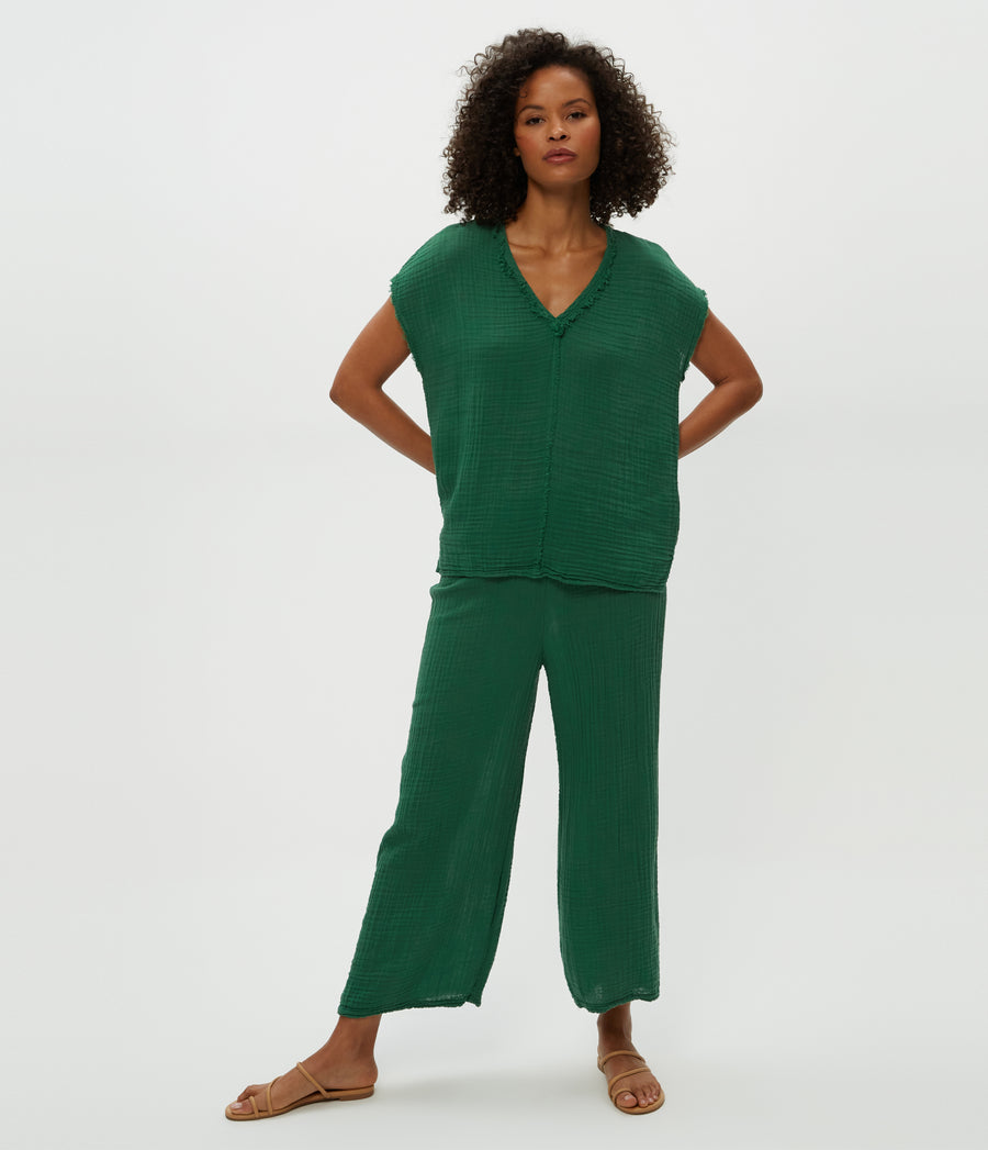 Medina Cropped Gauze Pant in Palm Green Full Body View #PALM