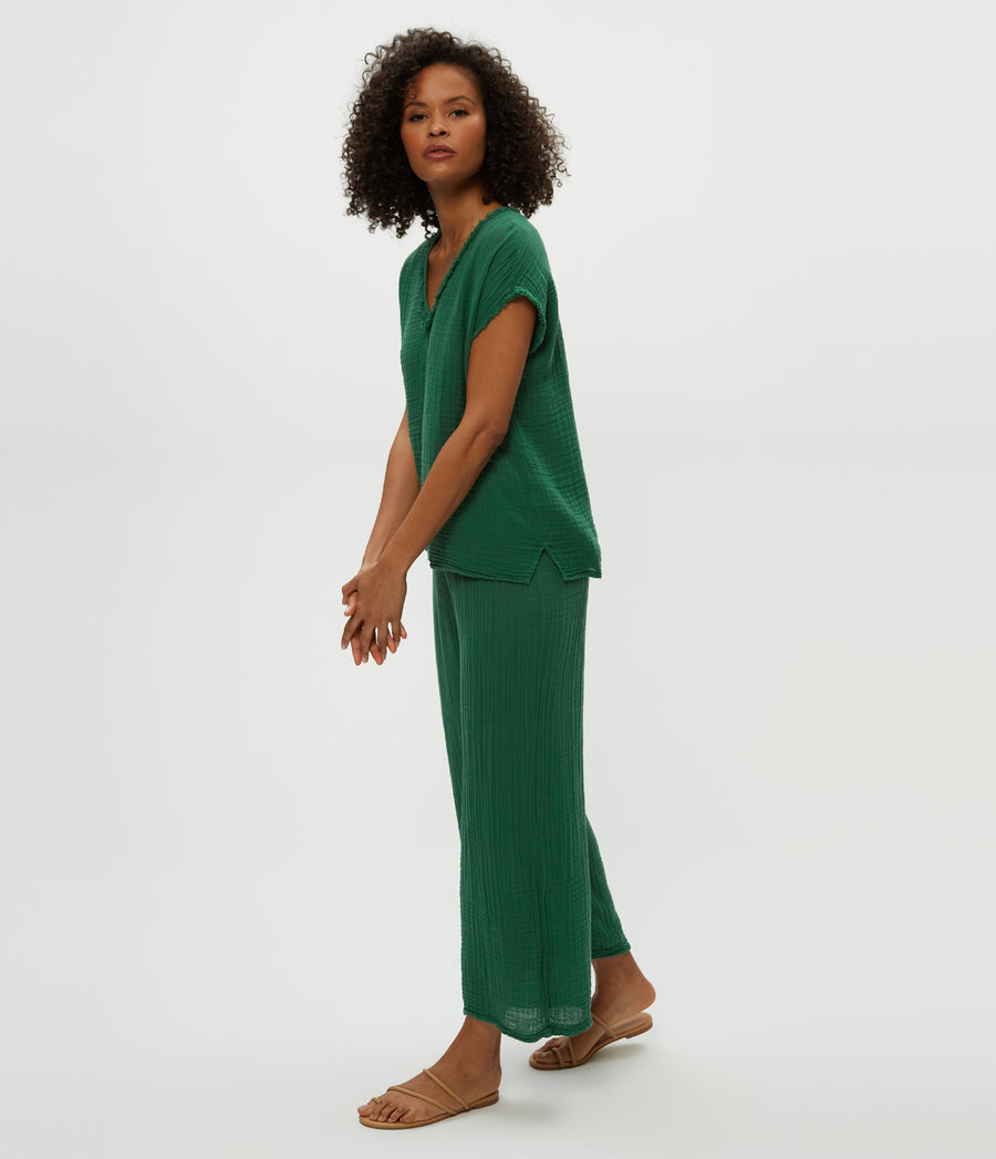 Medina Cropped Gauze Pant in Palm Green Side View #PALM