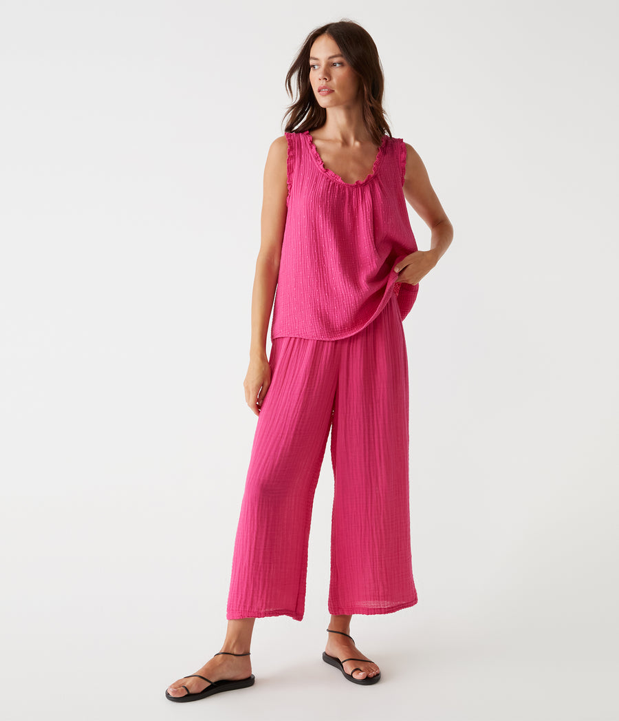Medina Cropped Gauze Pant in Pitaya Pink Close Up View #PITAYA