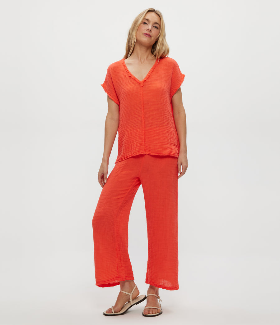 Medina Cropped Gauze Pant in PERSIMMON ORANGE Close Up View #PERSIMMON