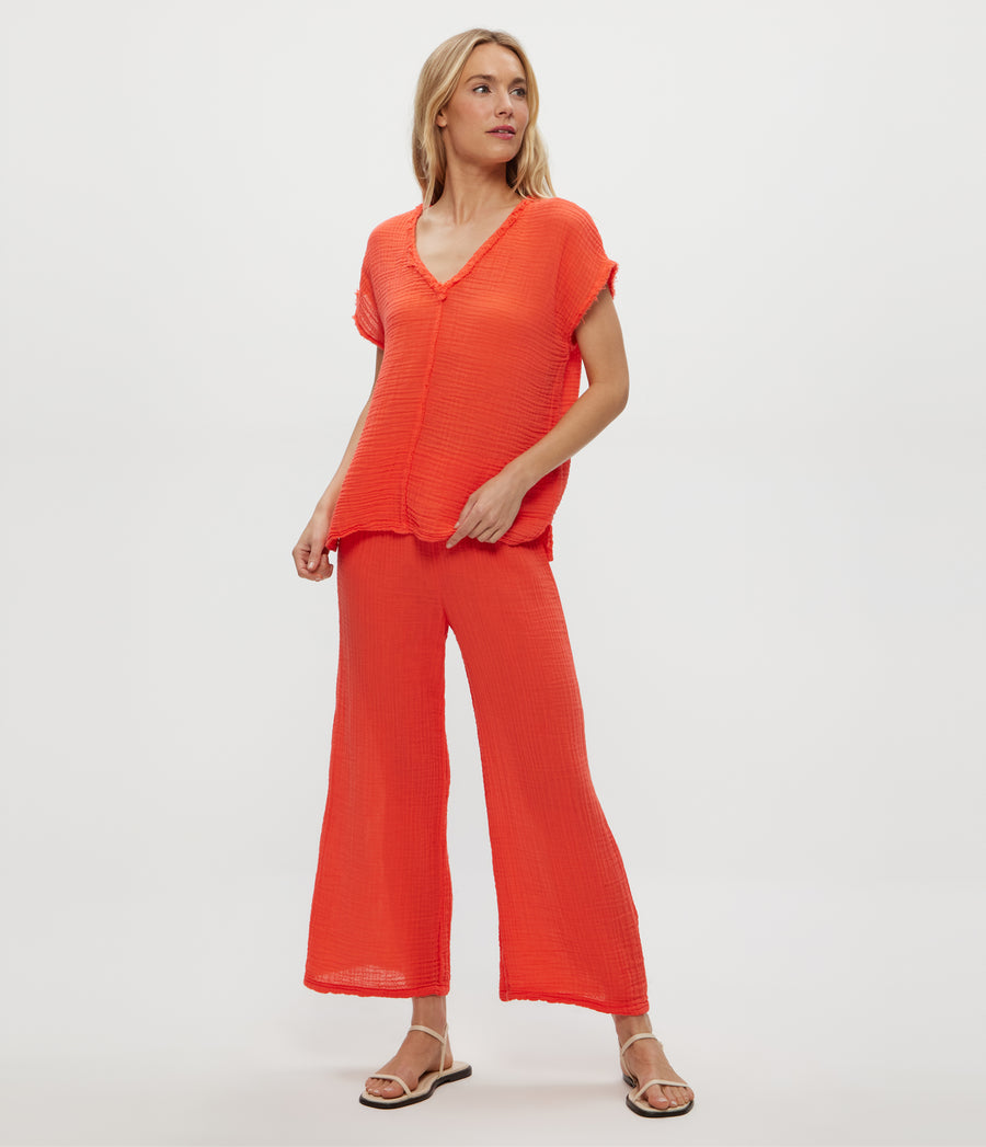Medina Cropped Gauze Pant in PERSIMMON ORANGE Full Body View #PERSIMMON