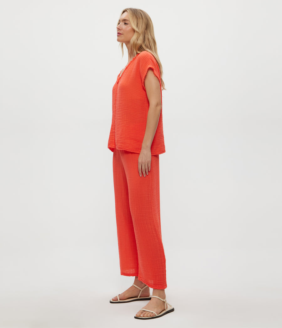 Medina Cropped Gauze Pant in PERSIMMON ORANGE Side View #PERSIMMON