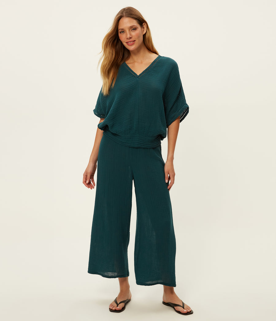 Medina Cropped Gauze Pant in RAINFOREST BLUE Combo Close up View #RAINFOREST