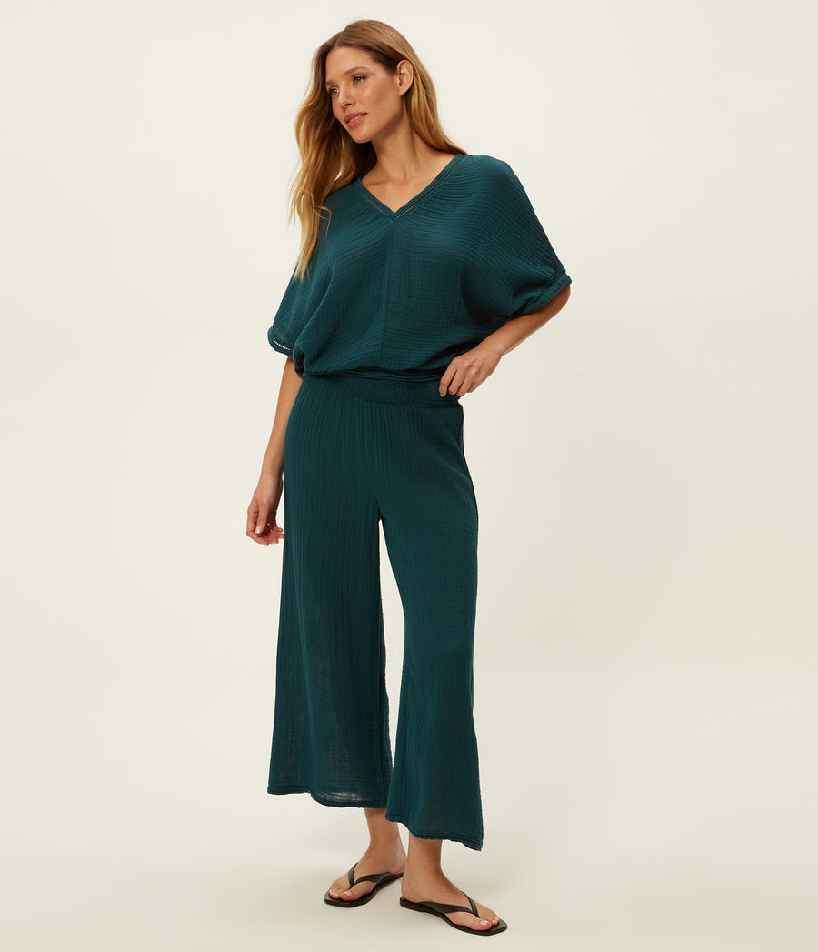 Medina Cropped Gauze Pant in RAINFOREST BLUE Combo Full Body View #RAINFOREST