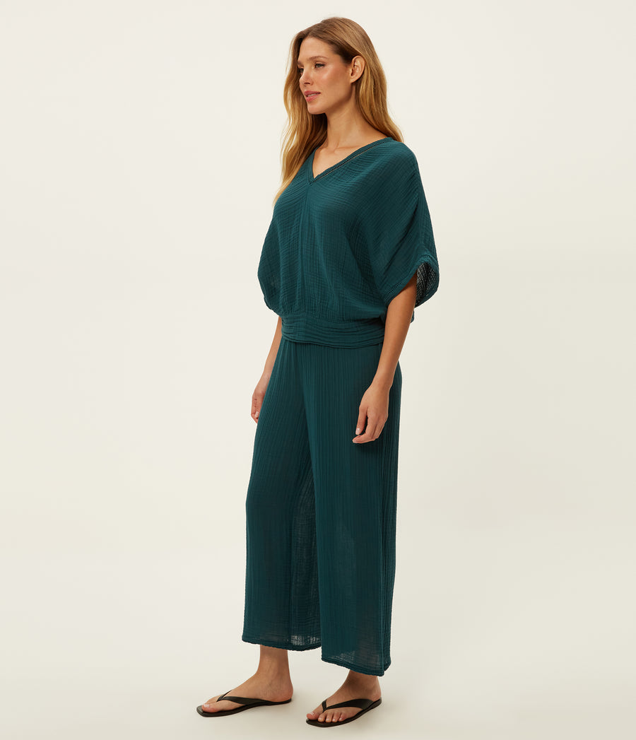 Medina Cropped Gauze Pant in RAINFOREST BLUE Combo Side View #RAINFOREST