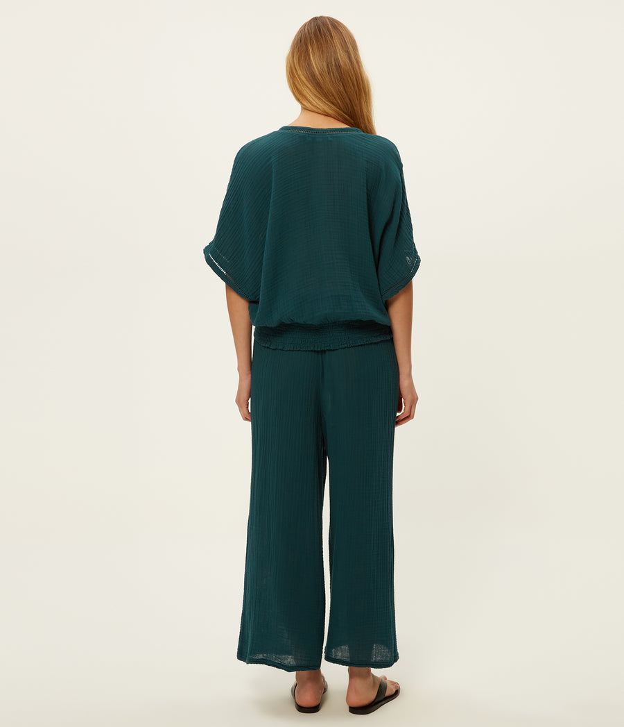 Medina Cropped Gauze Pant in RAINFOREST BLUE Combo Back View #RAINFOREST