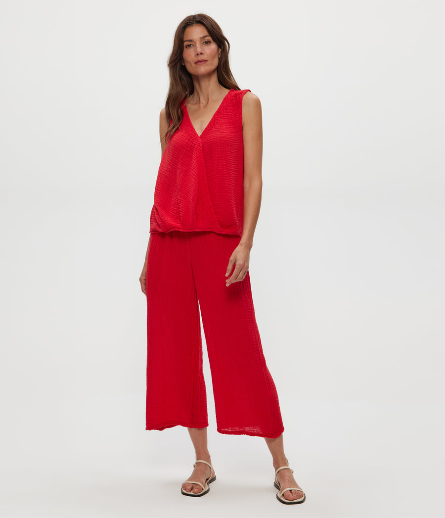 Medina Cropped Gauze Pant in Rumba Red Full Body View #RUMBA