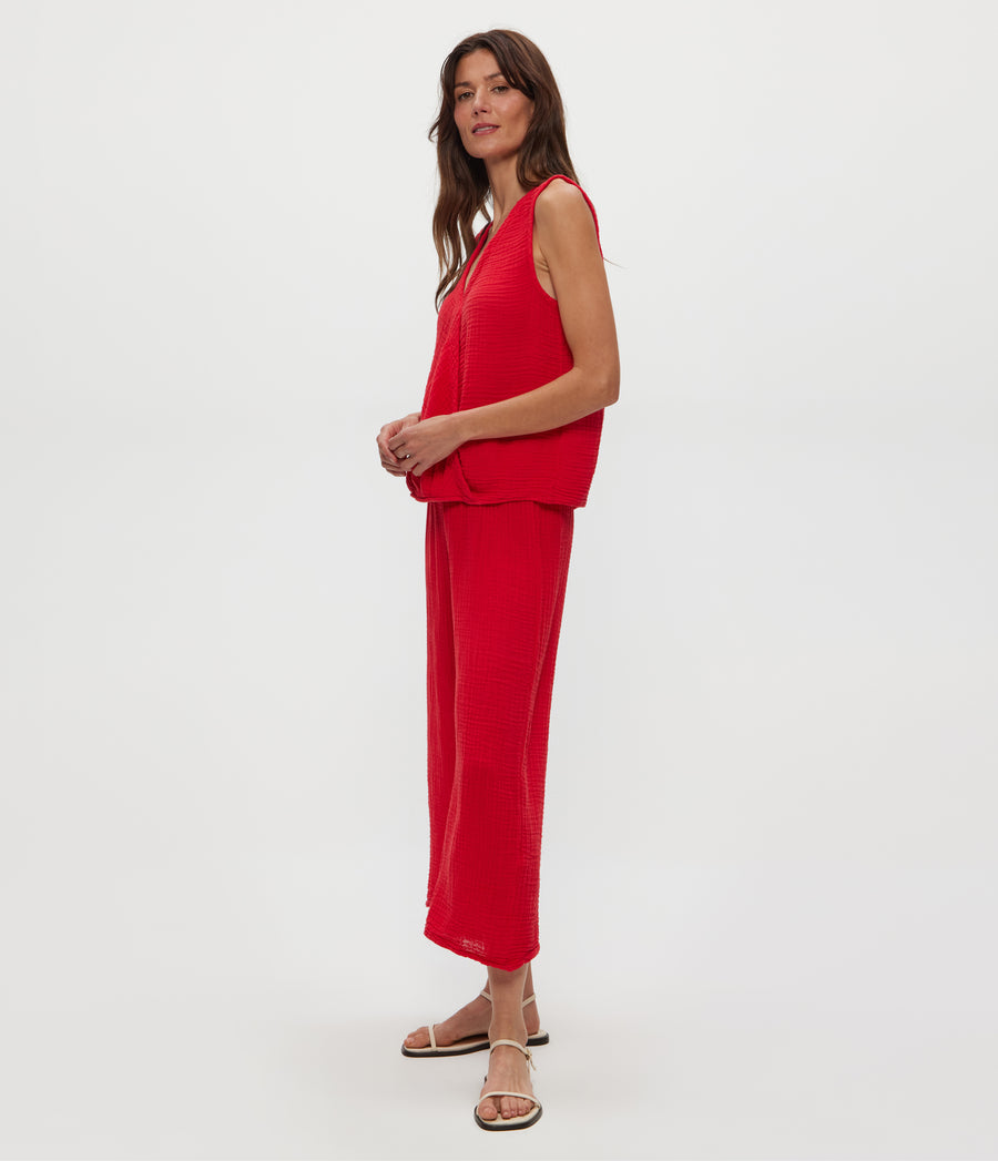 Medina Cropped Gauze Pant in Rumba Red Side View #RUMBA
