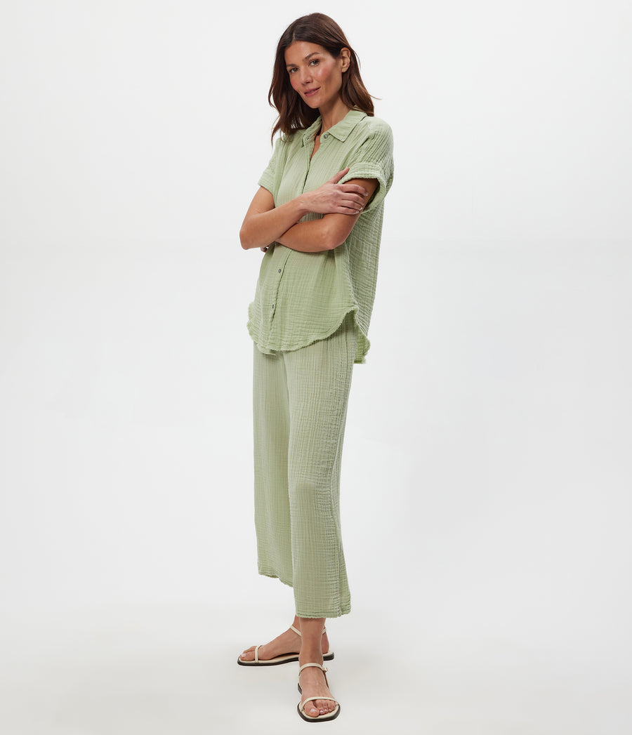 Medina Cropped Gauze Pant in Seacrest Green Full Body View #SEACREST