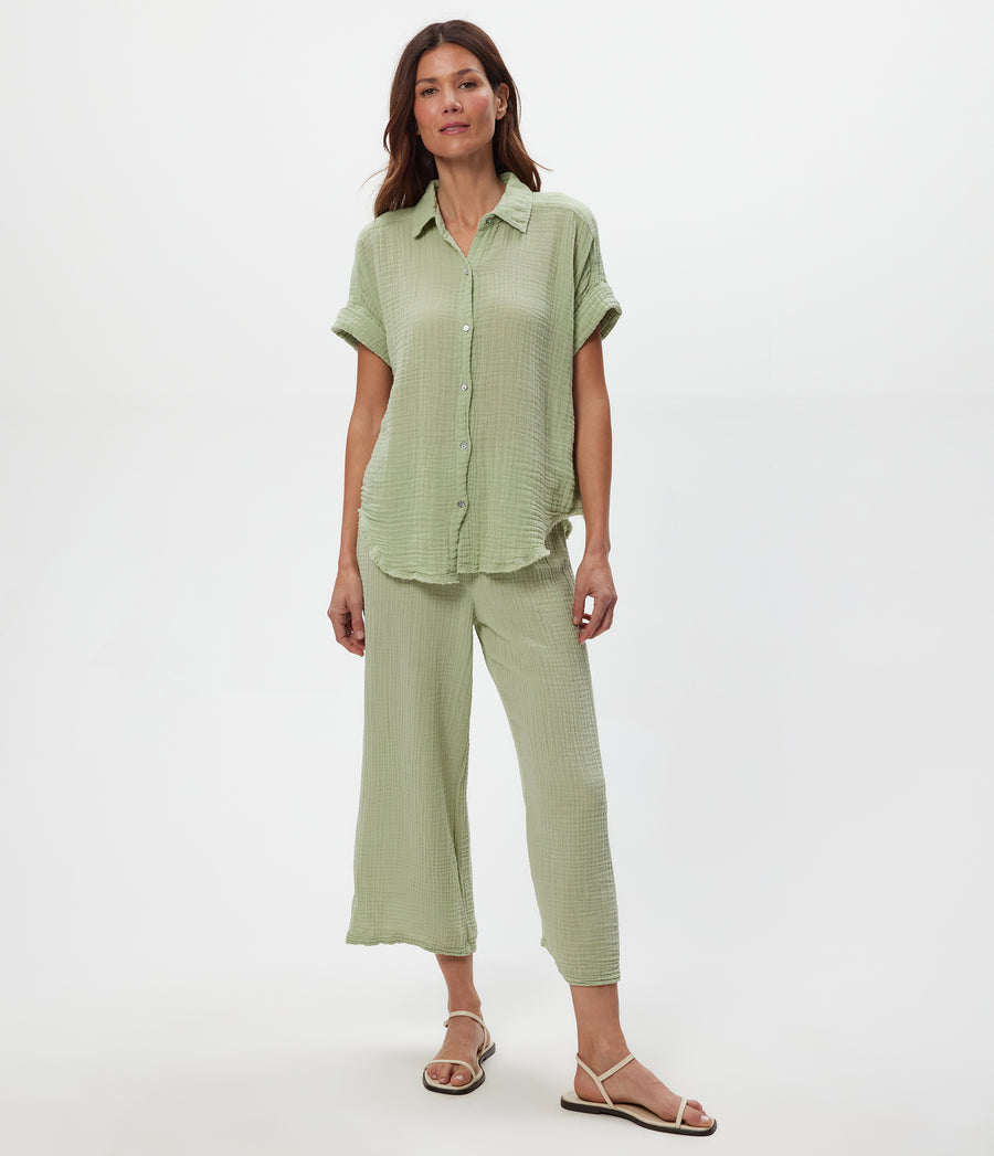 Medina Cropped Gauze Pant in Seacrest Green Close Up View #SEACREST