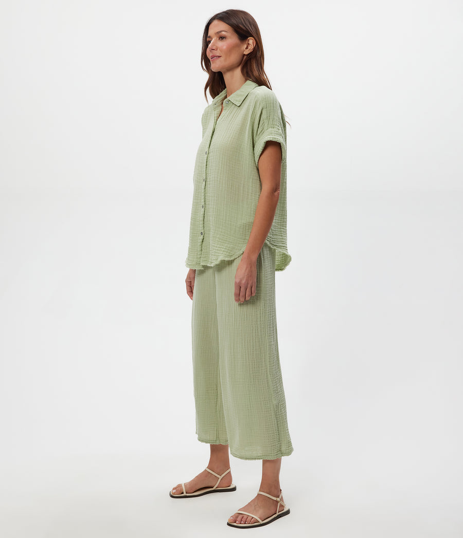 Medina Cropped Gauze Pant in Seacrest Green Side View #SEACREST
