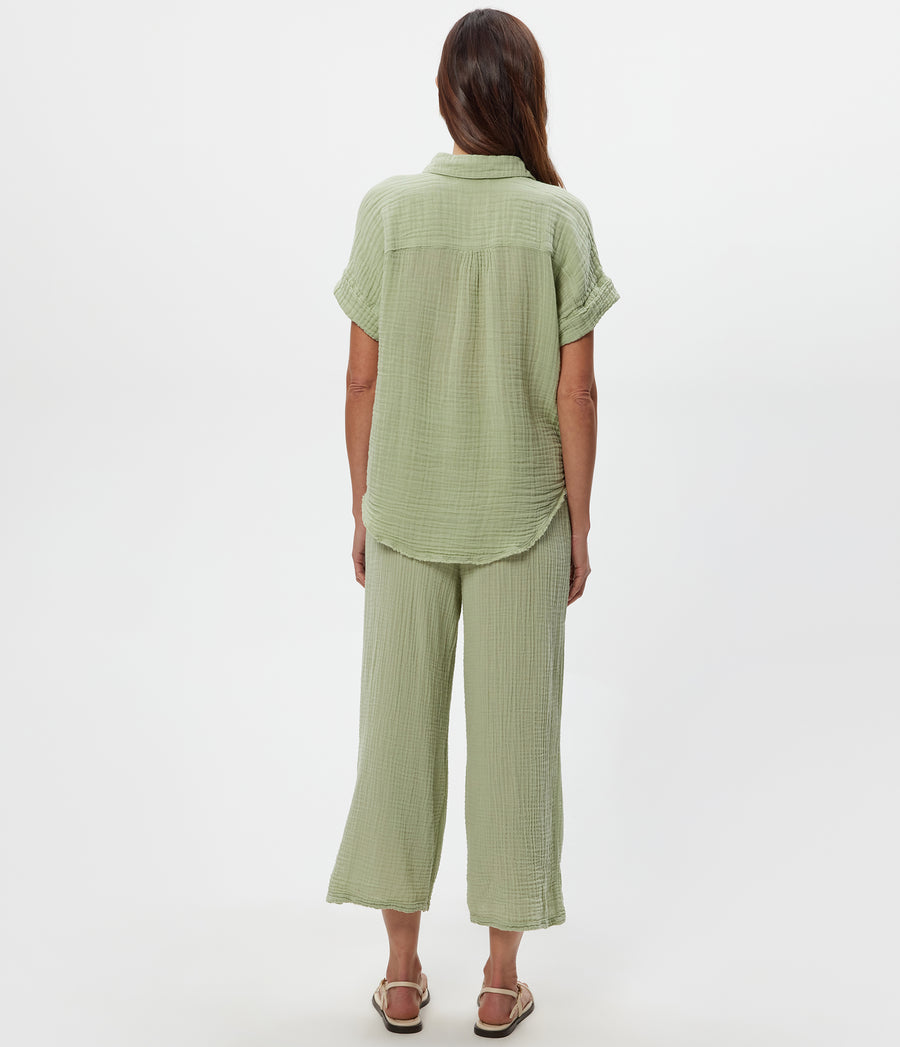 Medina Cropped Gauze Pant in Seacrest Green Back View #SEACREST
