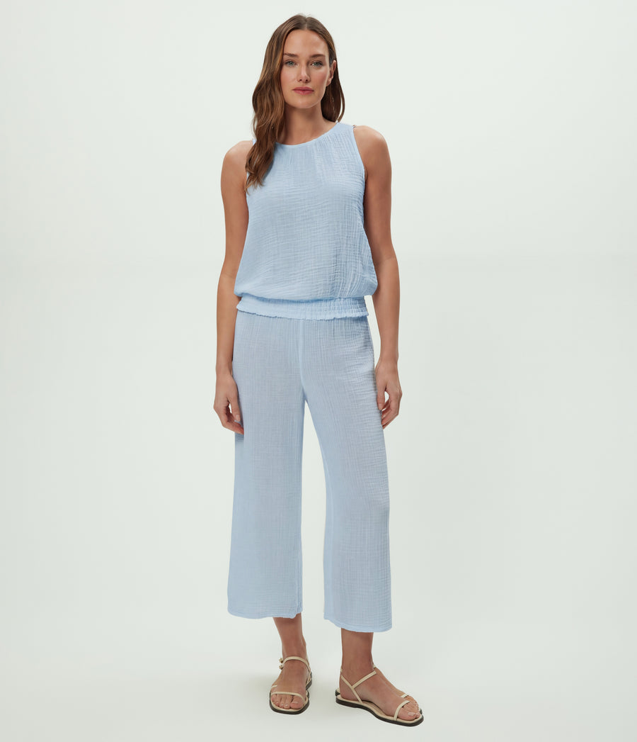 Medina Cropped Gauze Pant in SPLASH Blue Close up View #SPLASH