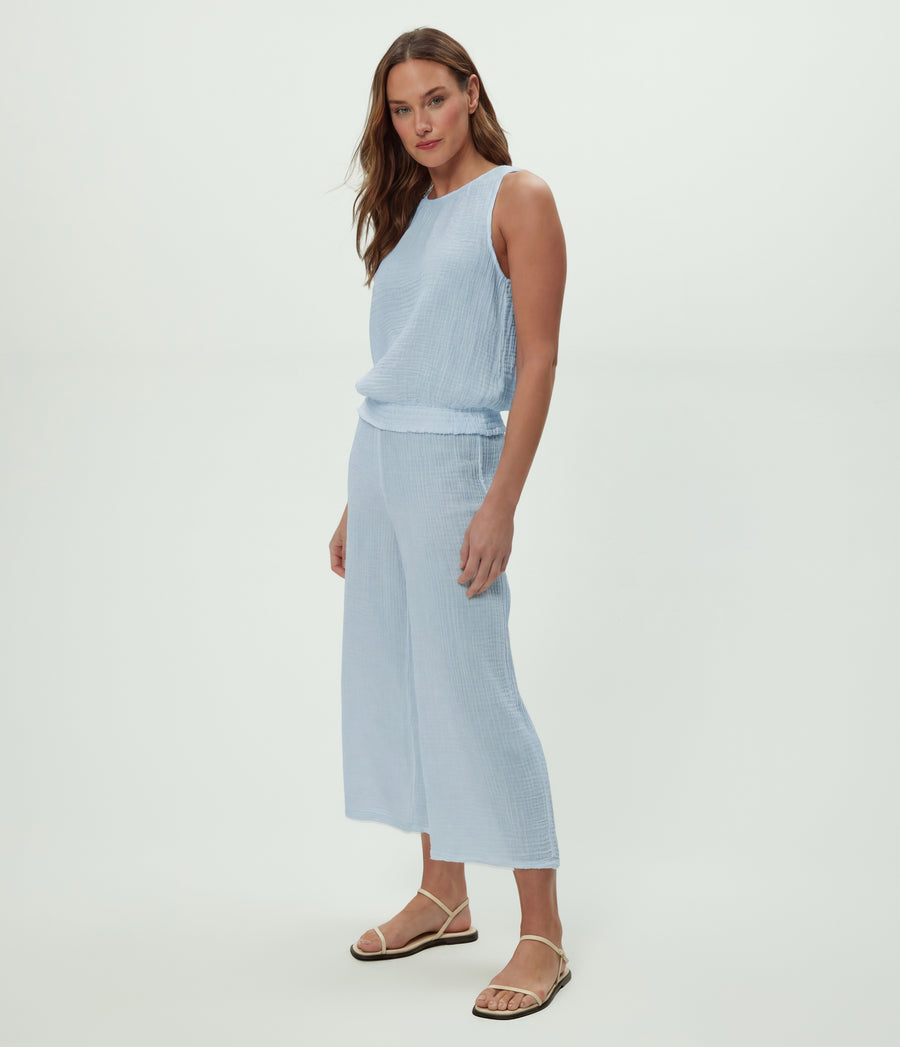 Medina Cropped Gauze Pant in SPLASH Blue Full Body View #SPLASH