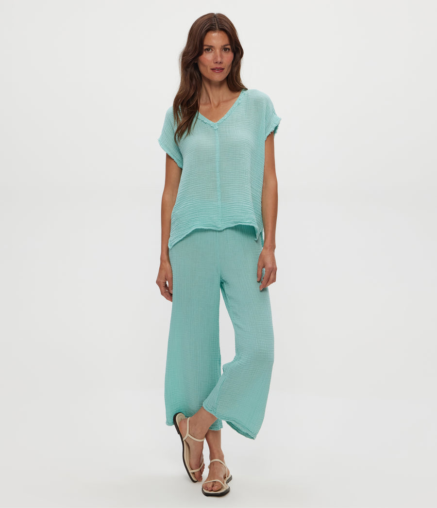 Medina Cropped Gauze Pant in SERENE BLUE Close Up View #SERENE