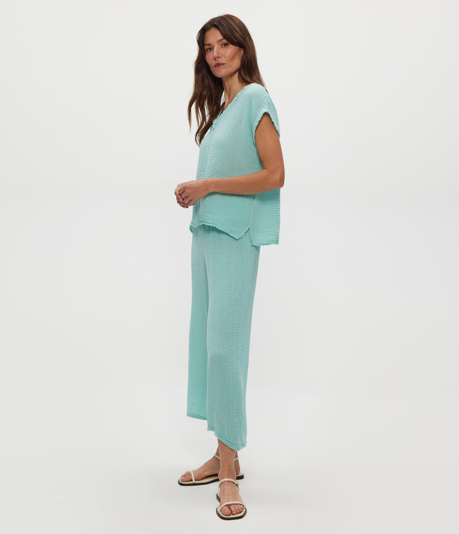 Medina Cropped Gauze Pant in SERENE BLUE Side View #SERENE