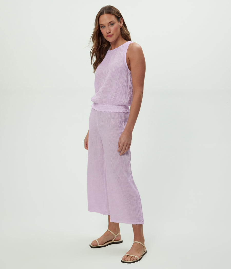 Medina Cropped Gauze Pant in WHIMSY PURPLE Close up View #WHIMSY