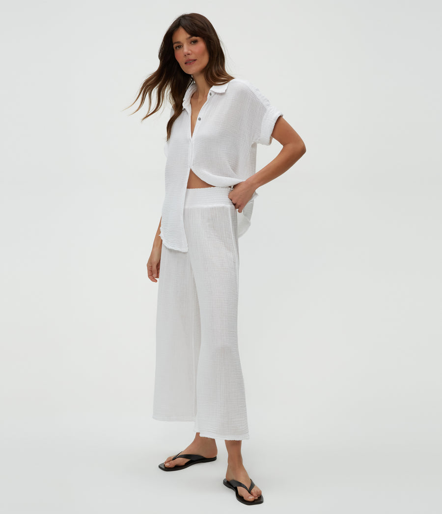 Medina Cropped Gauze Pant in White  Close Up View #WHITE