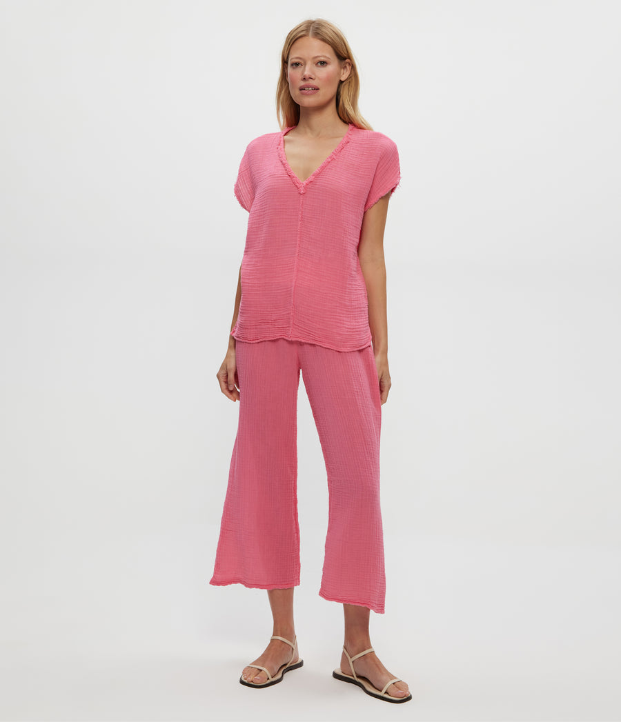 Medina Cropped Gauze Pant in ZINNIA PINK Full Body View #ZINNIA