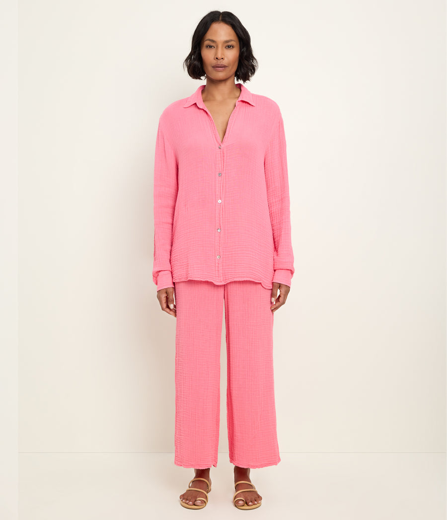 Leo Gauze Button Down Shirt in DRAGONFRUIT Pink Full Body View #DRAGONFRUIT