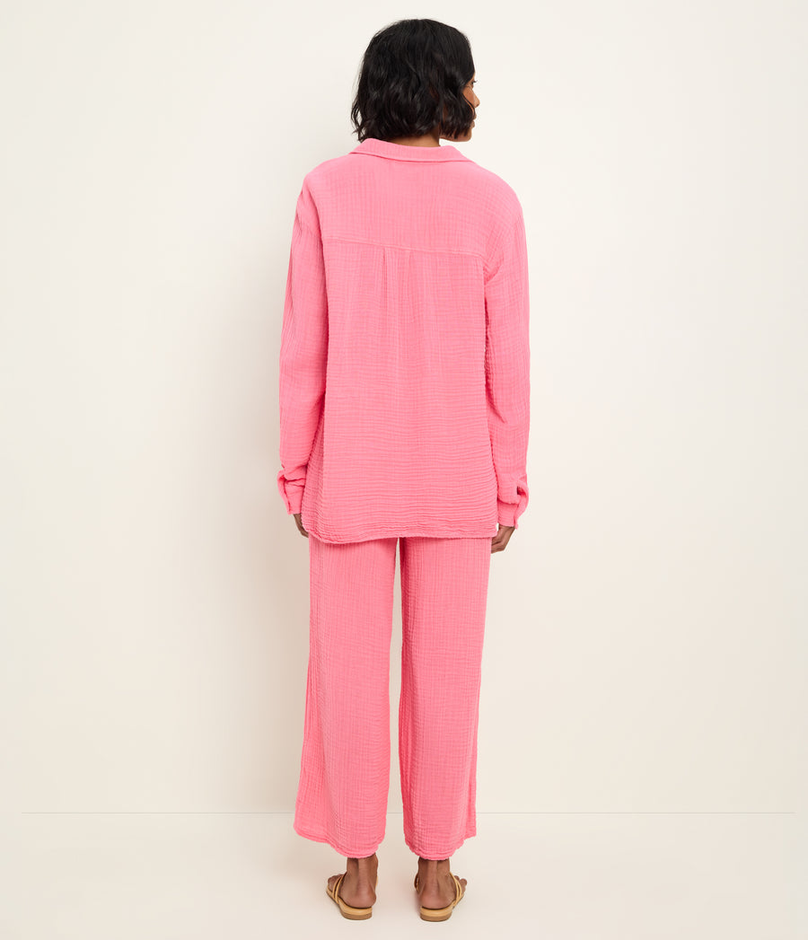 Leo Gauze Button Down Shirt in DRAGONFRUIT Pink Back View #DRAGONFRUIT