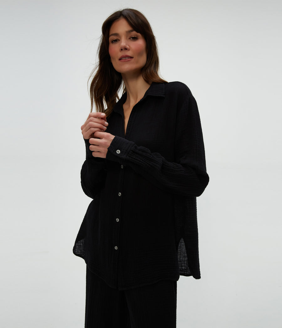 Leo Gauze Button Down Shirt in Black  Close Up View #BLACK