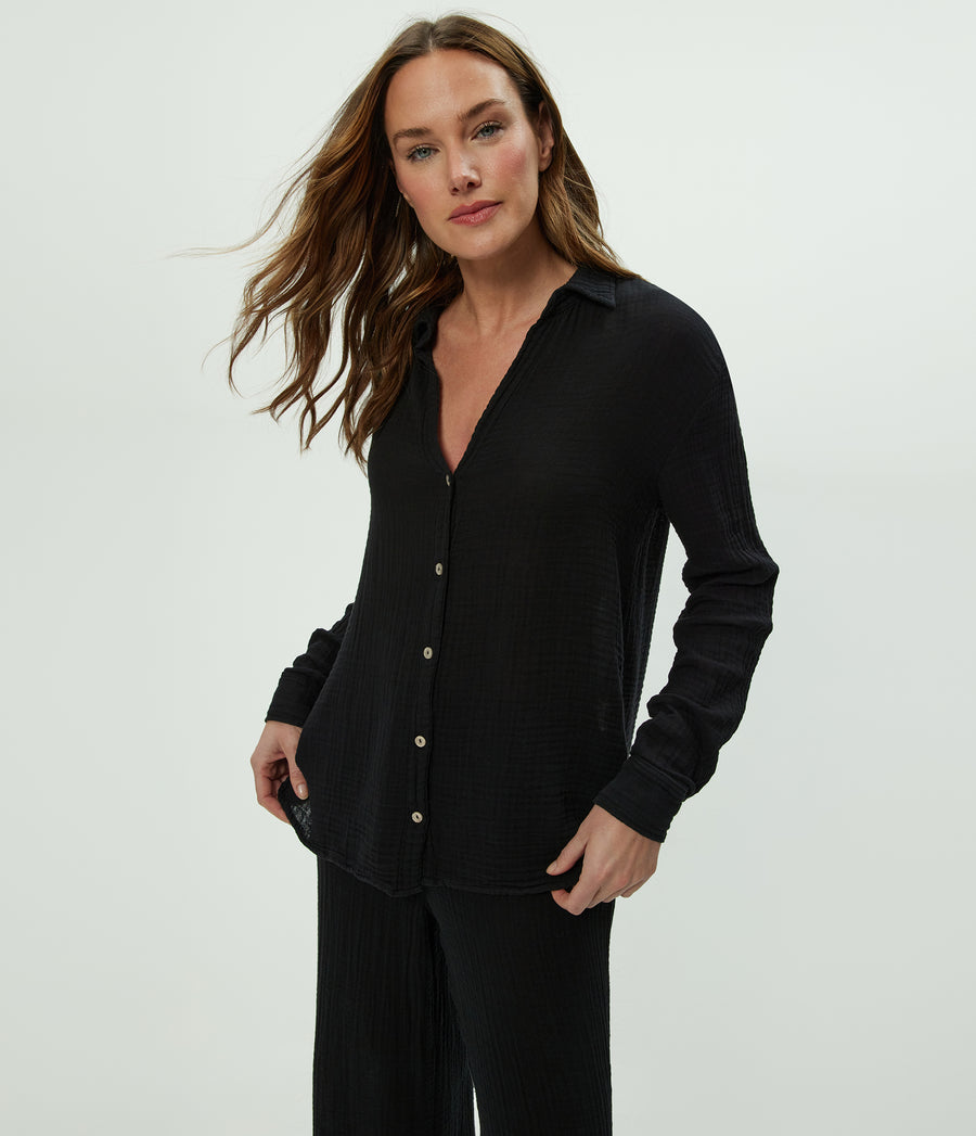 Leo Gauze Button Down Shirt in Black Side View #BLACK
