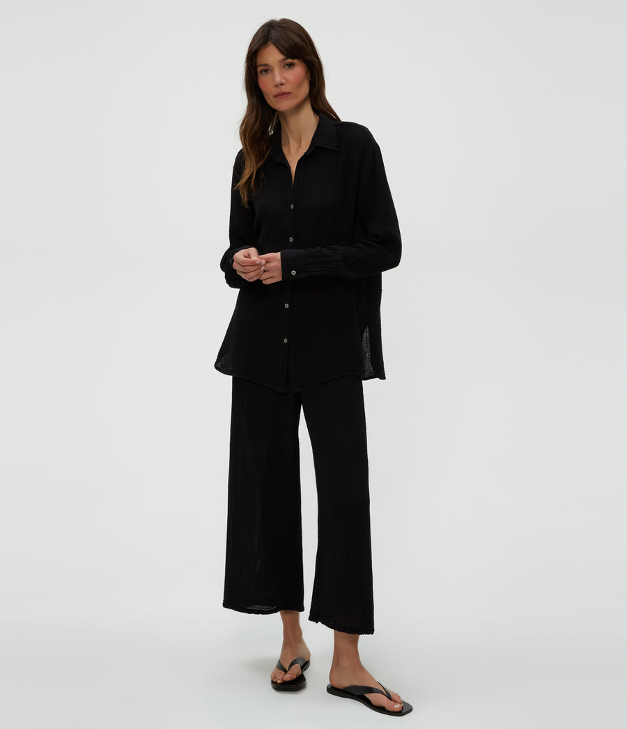 Leo Gauze Button Down Shirt in Black  Full Body View #BLACK