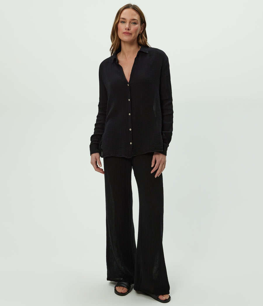 Leo Gauze Button Down Shirt in Black Full Body View #BLACK