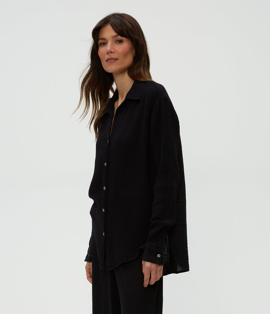 Leo Gauze Button Down Shirt in Black  Side View #BLACK