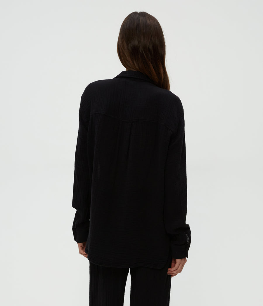 Leo Gauze Button Down Shirt in Black  Back View #BLACK