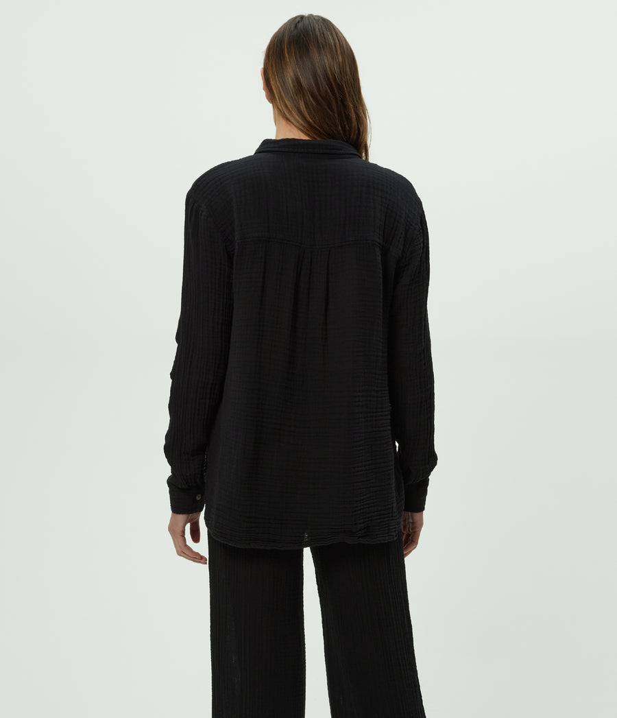 Leo Gauze Button Down Shirt in Black Back View  #BLACK