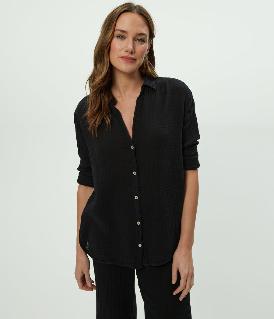 Leo Gauze Button Down Shirt in Black Close up View #BLACK