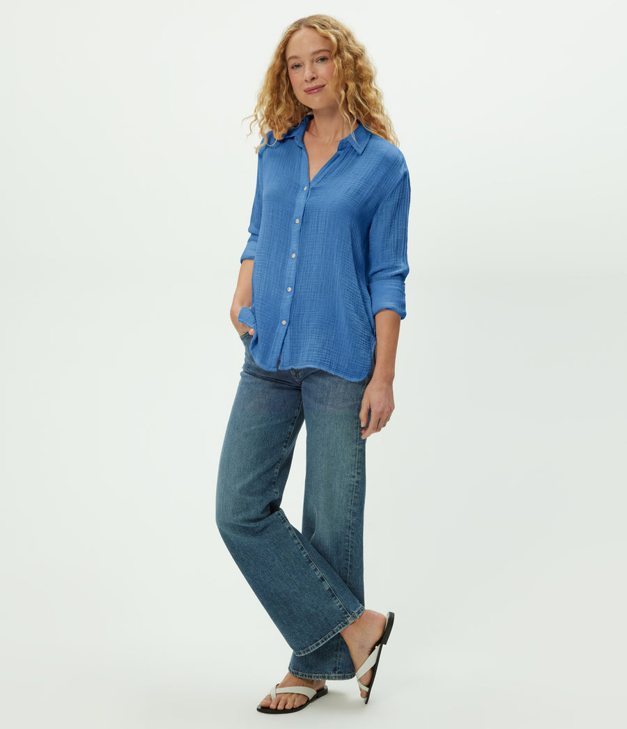 Leo Gauze Button Down Shirt in BABY BLUE Blue Side View #BLUE RIBBON