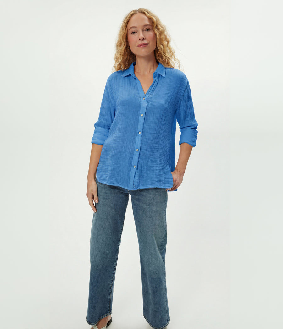 Leo Gauze Button Down Shirt in BABY BLUE Blue Full Body View #BLUE RIBBON