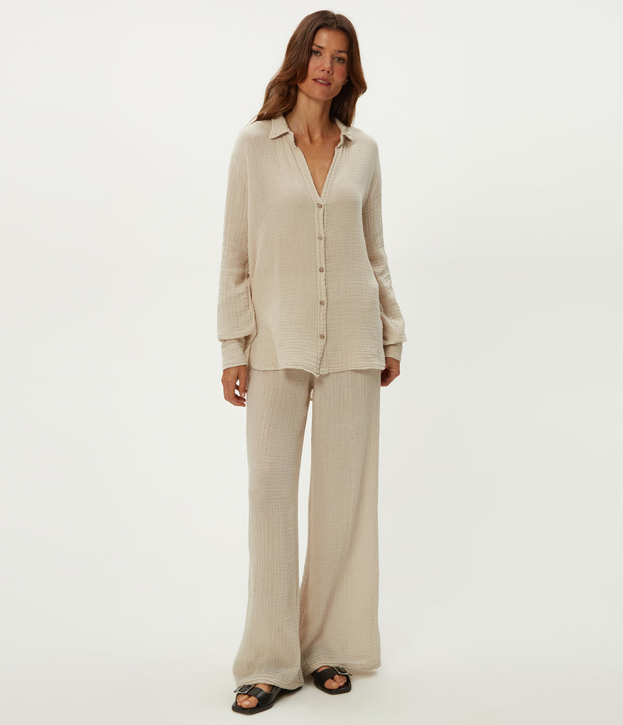 Leo Gauze Button Down Shirt in Cement Beige Full Body View #CEMENT