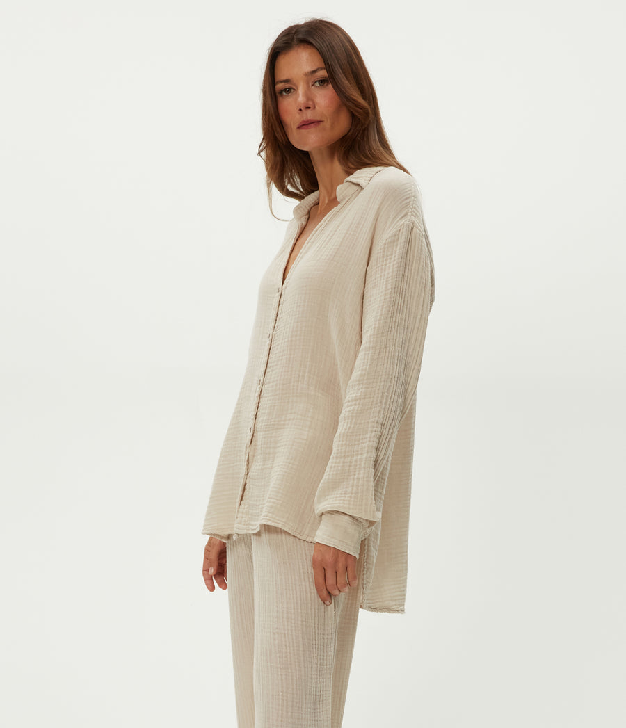 Leo Gauze Button Down Shirt in Cement Beige Side View #CEMENT