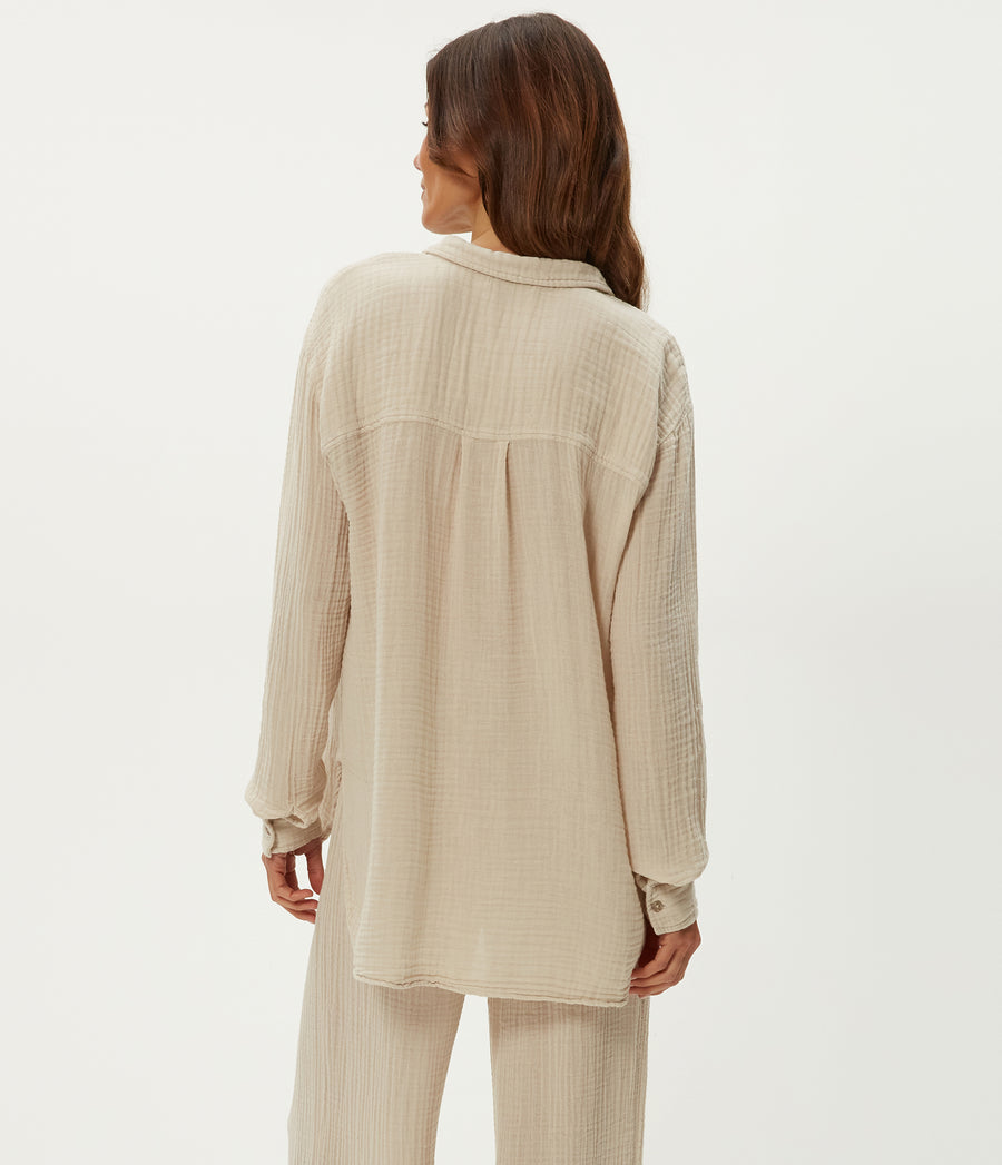 Leo Gauze Button Down Shirt in Cement Beige Back View #CEMENT