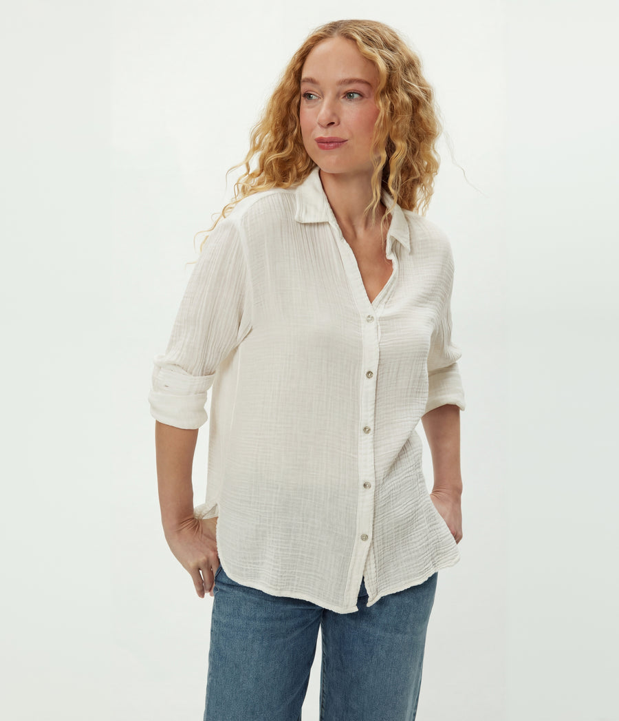 Leo Gauze Button Down Shirt in Chalk White Close Up View #CHALK