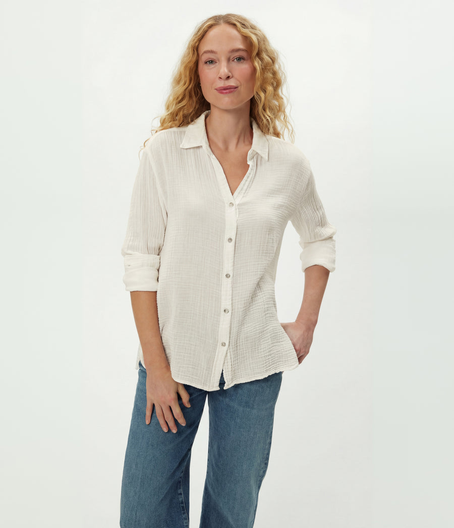 Leo Gauze Button Down Shirt in Chalk White Close Up View #CHALK