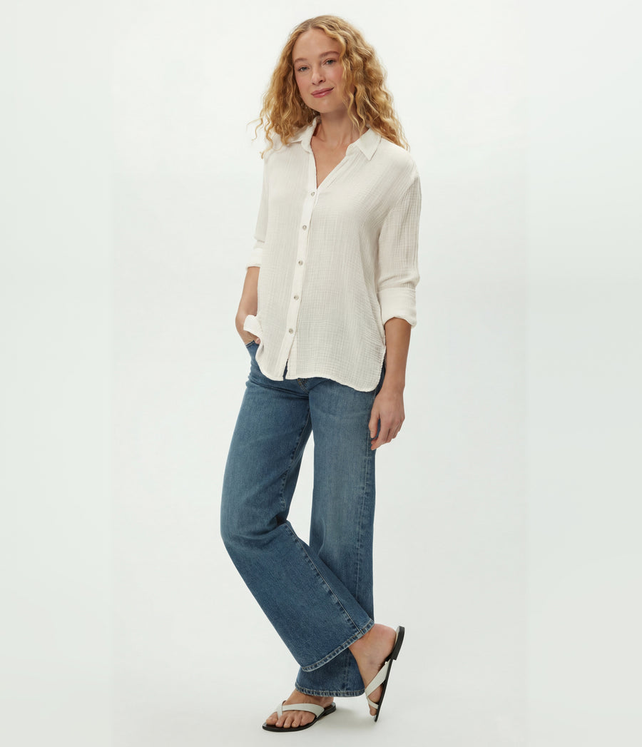 Leo Gauze Button Down Shirt in Chalk White Full Body View #CHALK